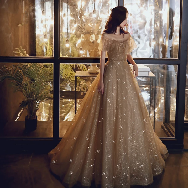 Elegant Gold Evening Dresses 2020 A-Line / Princess See-through Scoop Neck Short  Sleeve Beading Glitter