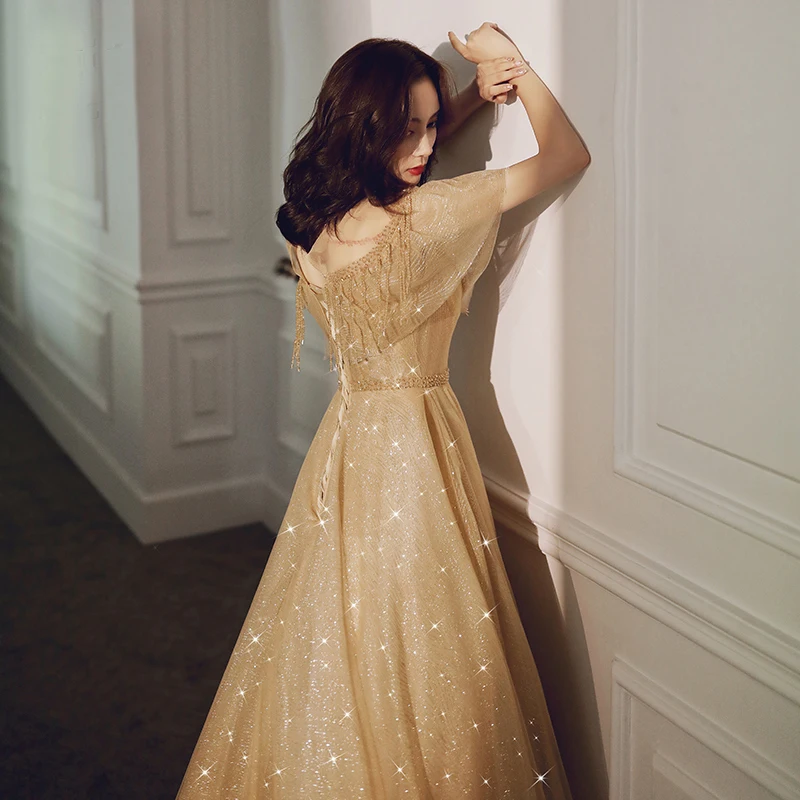 slim fit dress slacks Long Glitter-Print Prom Dress with Lace-Up Back Gold / Small main image 0