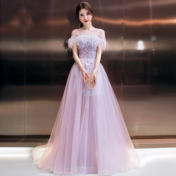 Meilleur Rougissant Rose Robe De Soirée 2020 Princesse Transparentes Encolure Dégagée Manches Courtes Plumes Appliques Fleur Perlage Train De Balayage Volants Dos Nu Robe De Ceremonie