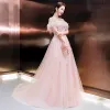 Best Blushing Pink Evening Dresses  2020 A-Line / Princess See-through Scoop Neck Short Sleeve Feather Appliques Flower Beading Sweep Train Ruffle Backless Formal Dresses