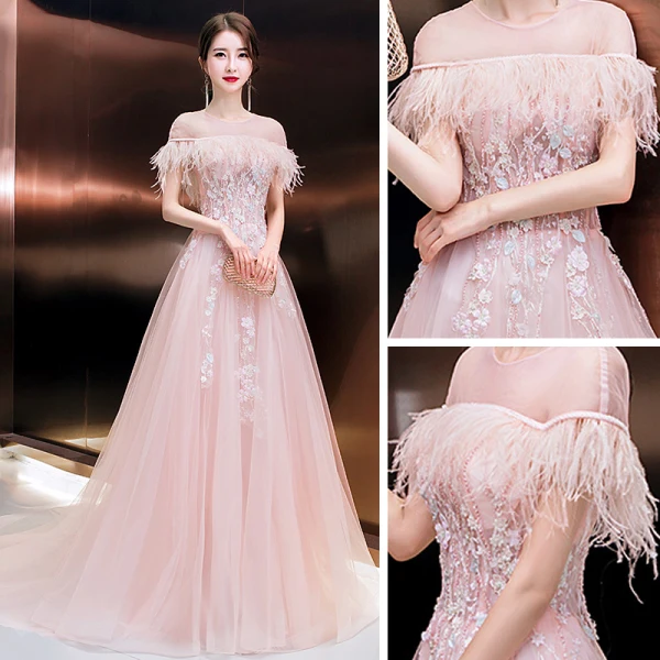 Meilleur Rougissant Rose Robe De Soirée 2020 Princesse Transparentes Encolure Dégagée Manches Courtes Plumes Appliques Fleur Perlage Train De Balayage Volants Dos Nu Robe De Ceremonie