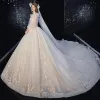 Victorian Style Champagne Bridal Wedding Dresses 2020 Ball Gown See-through High Neck Puffy Long Sleeve Backless Appliques Flower Sequins Beading Glitter Tulle Cathedral Train Ruffle