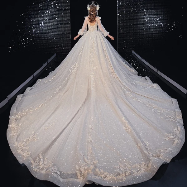 Style Victorien Champagne La Mariée Robe De Mariée 2020 Robe Boule Transparentes Col Haut Gonflée Manches Longues Dos Nu Appliques Fleur Paillettes Perlage Glitter Tulle Cathedral Train Volants