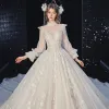 Victorian Style Champagne Bridal Wedding Dresses 2020 Ball Gown See-through High Neck Puffy Long Sleeve Backless Appliques Flower Sequins Beading Glitter Tulle Cathedral Train Ruffle