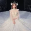 Style Victorien Champagne La Mariée Robe De Mariée 2020 Robe Boule Transparentes Col Haut Gonflée Manches Longues Dos Nu Appliques Fleur Paillettes Perlage Glitter Tulle Cathedral Train Volants