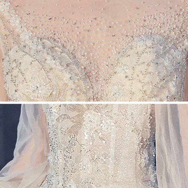 Style Victorien Champagne La Mariée Robe De Mariée 2020 Robe Boule Transparentes Col Haut Gonflée Manches Longues Dos Nu Appliques Fleur Paillettes Perlage Glitter Tulle Cathedral Train Volants