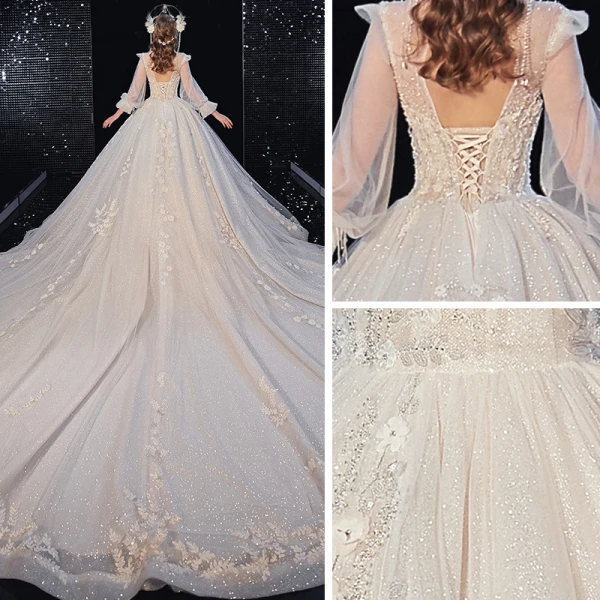 Style Victorien Champagne La Mariée Robe De Mariée 2020 Robe Boule Transparentes Col Haut Gonflée Manches Longues Dos Nu Appliques Fleur Paillettes Perlage Glitter Tulle Cathedral Train Volants