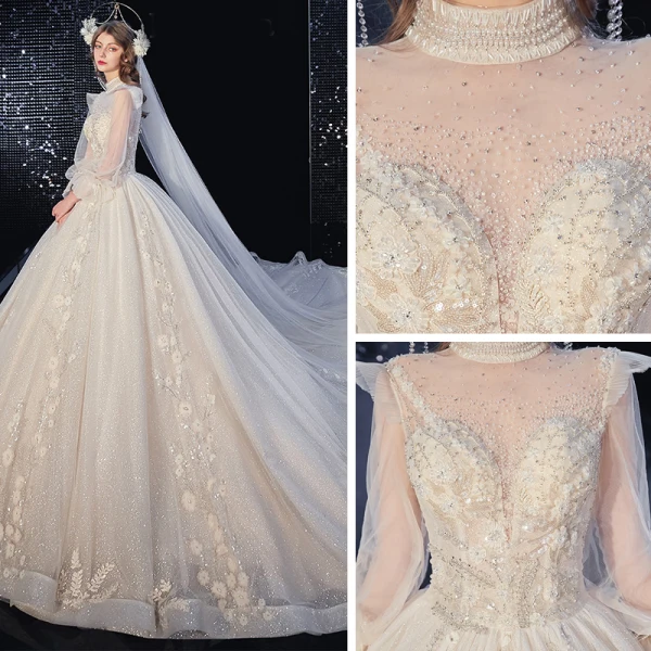 Style Victorien Champagne La Mariée Robe De Mariée 2020 Robe Boule Transparentes Col Haut Gonflée Manches Longues Dos Nu Appliques Fleur Paillettes Perlage Glitter Tulle Cathedral Train Volants