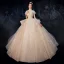 Vintage / Originale Champagne La Mariée Robe De Mariée 2020 Robe Boule Transparentes Col Haut Manches Courtes Dos Nu Appliques En Dentelle Paillettes Perlage Cathedral Train Volants