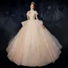 Vintage / Retro Champagne Bridal Wedding Dresses 2020 Ball Gown See-through High Neck Short Sleeve Backless Appliques Lace Sequins Beading Cathedral Train Ruffle