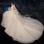 Vintage / Originale Champagne La Mariée Robe De Mariée 2020 Robe Boule Transparentes Col Haut Manches Courtes Dos Nu Appliques En Dentelle Paillettes Perlage Cathedral Train Volants
