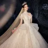 Vintage / Retro Champagne Bridal Wedding Dresses 2020 Ball Gown See-through High Neck Short Sleeve Backless Appliques Lace Sequins Beading Cathedral Train Ruffle