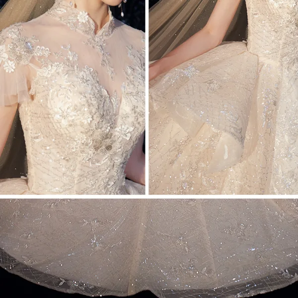 Vintage / Originale Champagne La Mariée Robe De Mariée 2020 Robe Boule Transparentes Col Haut Manches Courtes Dos Nu Appliques En Dentelle Paillettes Perlage Cathedral Train Volants