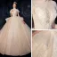 Vintage / Originale Champagne La Mariée Robe De Mariée 2020 Robe Boule Transparentes Col Haut Manches Courtes Dos Nu Appliques En Dentelle Paillettes Perlage Cathedral Train Volants
