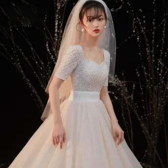 Luxury Gorgeous Champagne Bridal Wedding Dresses 2020 Ball Gown Square Neckline Short Sleeve Backless Handmade Beading Pearl Glitter Tulle Cathedral Train Ruffle