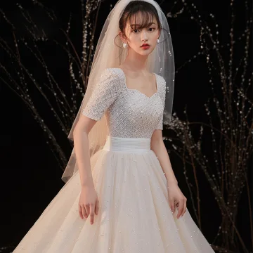 Luxury Gorgeous Champagne Bridal Wedding Dresses 2020 Ball Gown Square Neckline Short Sleeve Backless Handmade Beading Pearl Glitter Tulle Cathedral Train Ruffle