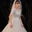 Luxury / Gorgeous Champagne Bridal Wedding Dresses 2020 Ball Gown Square Neckline Short Sleeve Backless Handmade  Beading Pearl Glitter Tulle Cathedral Train Ruffle