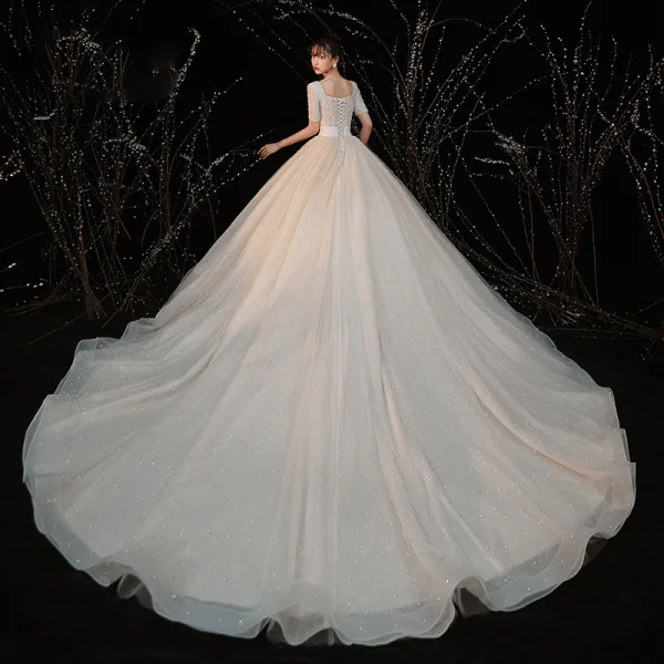 Luxury / Gorgeous Champagne Bridal Wedding Dresses 2020 Ball Gown Square Neckline Short Sleeve Backless Handmade Beading Pearl Glitter Tulle Cathedral Train Ruffle