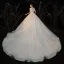 Luxury / Gorgeous Champagne Bridal Wedding Dresses 2020 Ball Gown Square Neckline Short Sleeve Backless Handmade  Beading Pearl Glitter Tulle Cathedral Train Ruffle