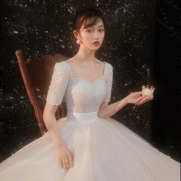 Luxury / Gorgeous Champagne Bridal Wedding Dresses 2020 Ball Gown Square Neckline Short Sleeve Backless Handmade Beading Pearl Glitter Tulle Cathedral Train Ruffle