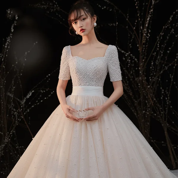 Luxury / Gorgeous Champagne Bridal Wedding Dresses 2020 Ball Gown Square Neckline Short Sleeve Backless Handmade Beading Pearl Glitter Tulle Cathedral Train Ruffle