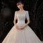 Luxury / Gorgeous Champagne Bridal Wedding Dresses 2020 Ball Gown Square Neckline Short Sleeve Backless Handmade  Beading Pearl Glitter Tulle Cathedral Train Ruffle