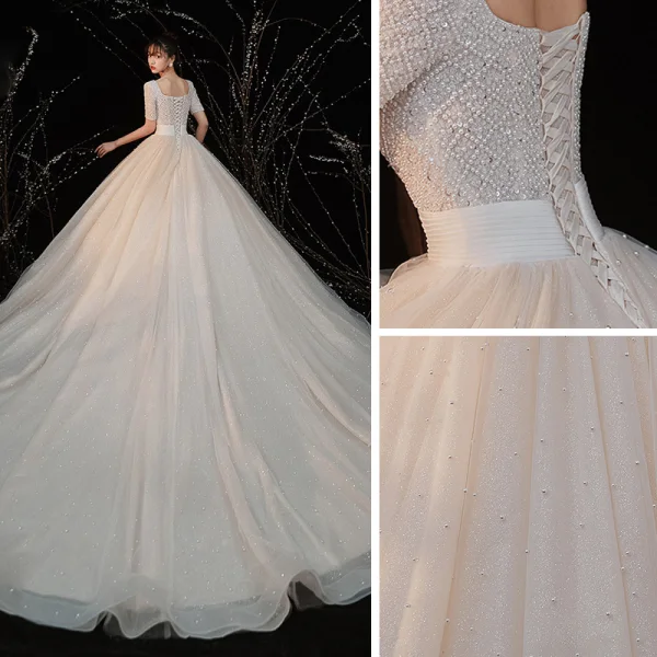 Luxury / Gorgeous Champagne Bridal Wedding Dresses 2020 Ball Gown Square Neckline Short Sleeve Backless Handmade Beading Pearl Glitter Tulle Cathedral Train Ruffle