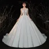 Illusion Ivory Satin Bridal Wedding Dresses 2020 Ball Gown See-through Scoop Neck Short Sleeve Backless Appliques Lace Beading Cathedral Train