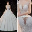 Illusion Ivoire Satin La Mariée Robe De Mariée 2020 Robe Boule Transparentes Encolure Dégagée Manches Courtes Dos Nu Appliques En Dentelle Perlage Cathedral Train