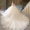 Luxury / Gorgeous Champagne Bridal Wedding Dresses 2020 Ball Gown See-through Deep V-Neck Sleeveless Backless Beading Glitter Tulle Cathedral Train Ruffle
