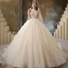 Luxury / Gorgeous Champagne Bridal Wedding Dresses 2020 Ball Gown See-through Deep V-Neck Sleeveless Backless Beading Glitter Tulle Cathedral Train Ruffle