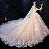 Chinese style Champagne Bridal Wedding Dresses 2020 Ball Gown High Neck 3/4 Sleeve Pierced Appliques Lace Sequins Glitter Tulle Cathedral Train Ruffle
