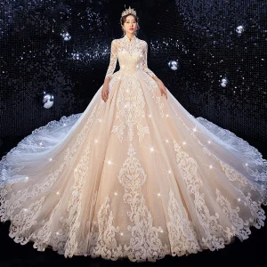 Chinese Style Champagne Bridal Wedding Dresses 2020 Ball Gown High Neck 3 4 Sleeve Pierced Appliques Lace Sequins Glitter Tulle Cathedral Train Ruffle