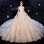 Chinese style Champagne Bridal Wedding Dresses 2020 Ball Gown High Neck 3/4 Sleeve Pierced Appliques Lace Sequins Glitter Tulle Cathedral Train Ruffle
