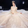 Chinese style Champagne Bridal Wedding Dresses 2020 Ball Gown High Neck 3/4 Sleeve Pierced Appliques Lace Sequins Glitter Tulle Cathedral Train Ruffle