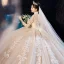 Chinese style Champagne Bridal Wedding Dresses 2020 Ball Gown High Neck 3/4 Sleeve Pierced Appliques Lace Sequins Glitter Tulle Cathedral Train Ruffle