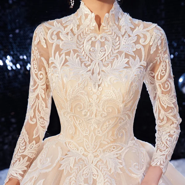 Chinese style Champagne Bridal Wedding Dresses 2020 Ball Gown High Neck 3/4 Sleeve Pierced Appliques Lace Sequins Glitter Tulle Cathedral Train Ruffle