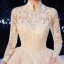 Chinese style Champagne Bridal Wedding Dresses 2020 Ball Gown High Neck 3/4 Sleeve Pierced Appliques Lace Sequins Glitter Tulle Cathedral Train Ruffle