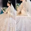 Chinese style Champagne Bridal Wedding Dresses 2020 Ball Gown High Neck 3/4 Sleeve Pierced Appliques Lace Sequins Glitter Tulle Cathedral Train Ruffle