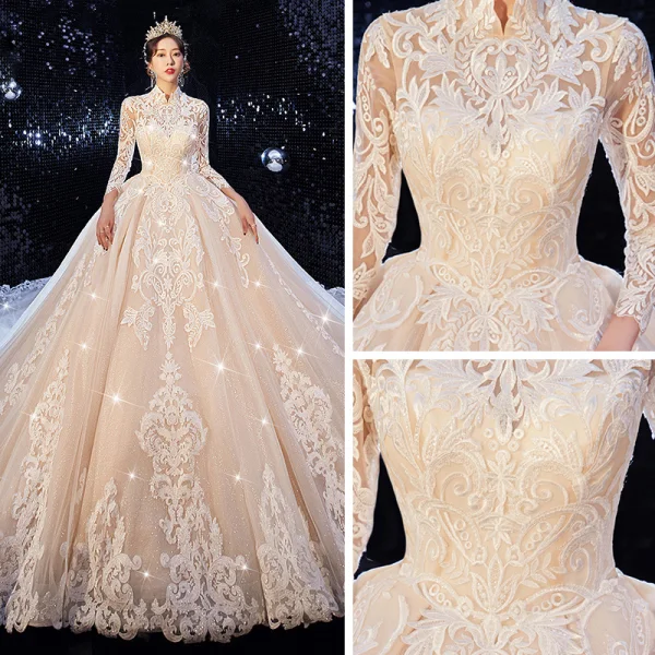 Chinese style Champagne Bridal Wedding Dresses 2020 Ball Gown High Neck 3/4 Sleeve Pierced Appliques Lace Sequins Glitter Tulle Cathedral Train Ruffle