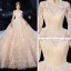 Chinese style Champagne Bridal Wedding Dresses 2020 Ball Gown High Neck 3/4 Sleeve Pierced Appliques Lace Sequins Glitter Tulle Cathedral Train Ruffle