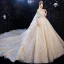 Luxe Champagne La Mariée Robe De Mariée 2020 Robe Boule Transparentes Col v profond Dos Nu Appliques En Dentelle Perlage Glitter Tulle Cathedral Train Volants 3/4 Manches