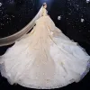 Luxury / Gorgeous Champagne Bridal Wedding Dresses 2020 Ball Gown See-through Deep V-Neck Backless Appliques Lace Beading Glitter Tulle Cathedral Train Ruffle 3/4 Sleeve
