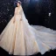 Luxe Champagne La Mariée Robe De Mariée 2020 Robe Boule Transparentes Col v profond Dos Nu Appliques En Dentelle Perlage Glitter Tulle Cathedral Train Volants 3/4 Manches