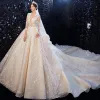 Luxury / Gorgeous Champagne Bridal Wedding Dresses 2020 Ball Gown See-through Deep V-Neck Backless Appliques Lace Beading Glitter Tulle Cathedral Train Ruffle 3/4 Sleeve