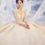 Luxe Champagne La Mariée Robe De Mariée 2020 Robe Boule Transparentes Col v profond Dos Nu Appliques En Dentelle Perlage Glitter Tulle Cathedral Train Volants 3/4 Manches