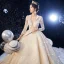 Luxe Champagne La Mariée Robe De Mariée 2020 Robe Boule Transparentes Col v profond Dos Nu Appliques En Dentelle Perlage Glitter Tulle Cathedral Train Volants 3/4 Manches