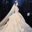 Luxe Champagne La Mariée Robe De Mariée 2020 Robe Boule Transparentes Col v profond Dos Nu Appliques En Dentelle Perlage Glitter Tulle Cathedral Train Volants 3/4 Manches