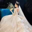 Luxe Champagne La Mariée Robe De Mariée 2020 Robe Boule Transparentes Col v profond Dos Nu Appliques En Dentelle Perlage Glitter Tulle Cathedral Train Volants 3/4 Manches