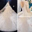 Luxe Champagne La Mariée Robe De Mariée 2020 Robe Boule Transparentes Col v profond Dos Nu Appliques En Dentelle Perlage Glitter Tulle Cathedral Train Volants 3/4 Manches